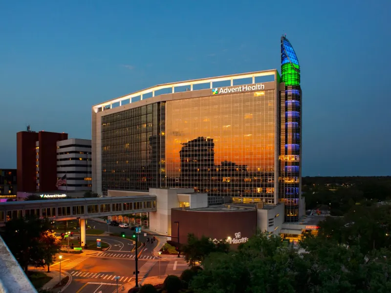 Beautiful Downtown Orlando Hospital as sunset reflects off the glass